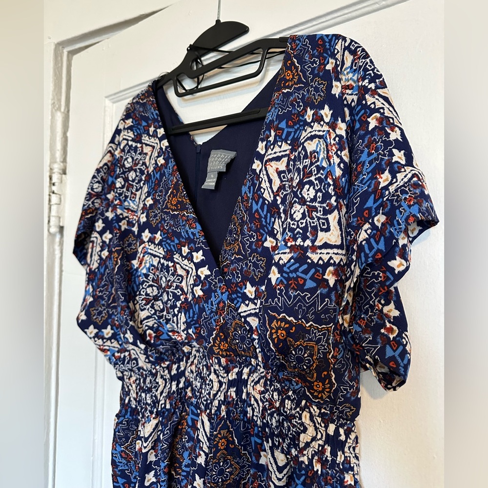 Size 15 maxi Jumper Romper, navy blue, orange design